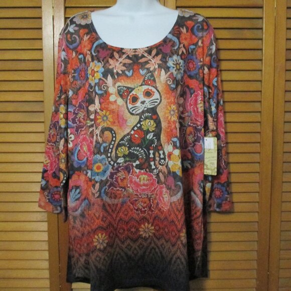 Energe NEW top colorful cat print, 3/4 sleeves lightweight & stretchy size 2x - Picture 1 of 8